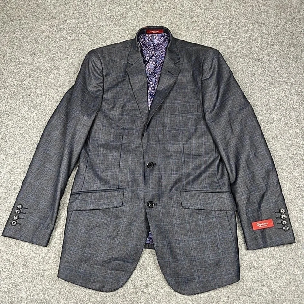 Statement‎ Suit Jacket Vest Mens 40R Gray Plaid Wool Cashmere 2 Piece Slim Fit
